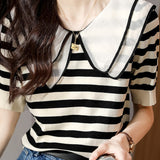 Peter Pan Collar Ice Silk Short Sleeve Knit Top