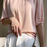 Loose Solid Color Acetate Satin T-Shirt