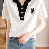 White Shoulder Cat Embroidered T-Shirt