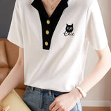 White Shoulder Cat Embroidered T-Shirt