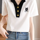 White Shoulder Cat Embroidered T-Shirt