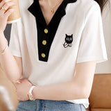 White Shoulder Cat Embroidered T-Shirt