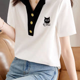 White Shoulder Cat Embroidered T-Shirt