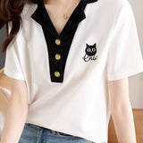 White Shoulder Cat Embroidered T-Shirt