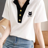 White Shoulder Cat Embroidered T-Shirt