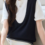 Stitching Faux Two-Piece Short Sleeve Top