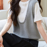 Stitching Faux Two-Piece Short Sleeve Top