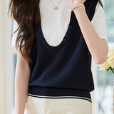 Stitching Faux Two-Piece Short Sleeve Top
