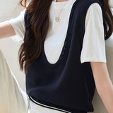 Stitching Faux Two-Piece Short Sleeve Top