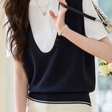 Stitching Faux Two-Piece Short Sleeve Top