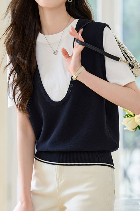 Stitching Faux Two-Piece Short Sleeve Top - liwisi