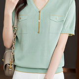 V-Neck Color Block Knitted Top with Metallic Trim
