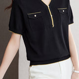 V-Neck Color Block Knitted Top with Metallic Trim