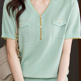 V-Neck Color Block Knitted Top with Metallic Trim