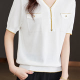 V-Neck Color Block Knitted Top with Metallic Trim