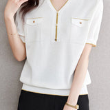 V-Neck Color Block Knitted Top with Metallic Trim