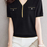 V-Neck Color Block Knitted Top with Metallic Trim