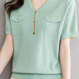 V-Neck Color Block Knitted Top with Metallic Trim
