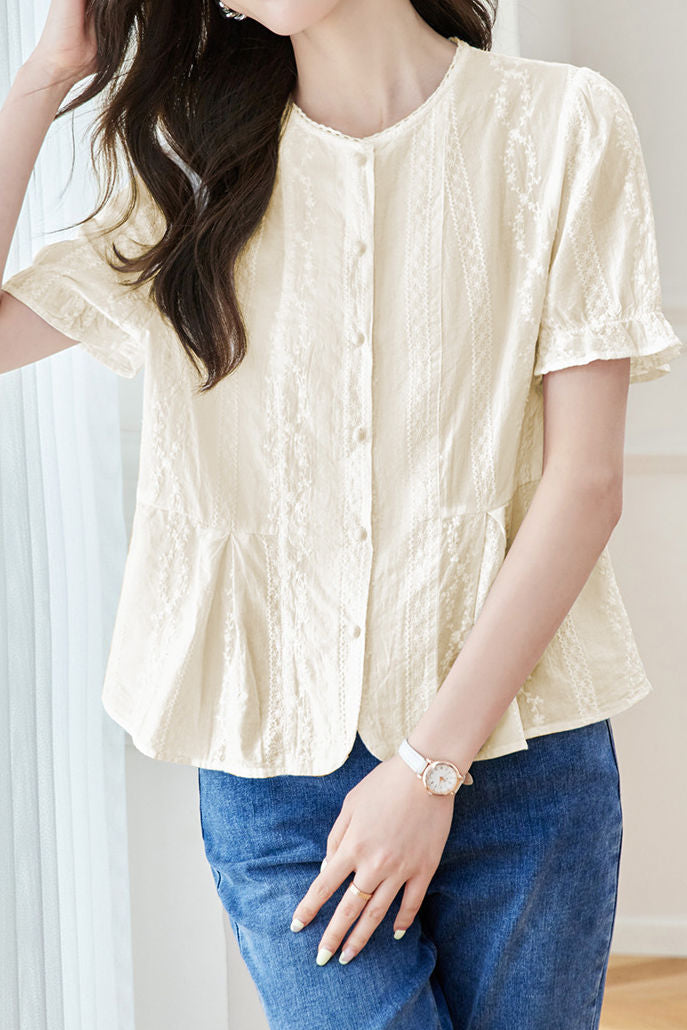 French Round Neck Short Sleeve Shirt - liwisi