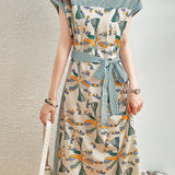 Color-Block Waist-Defined Chiffon Dress