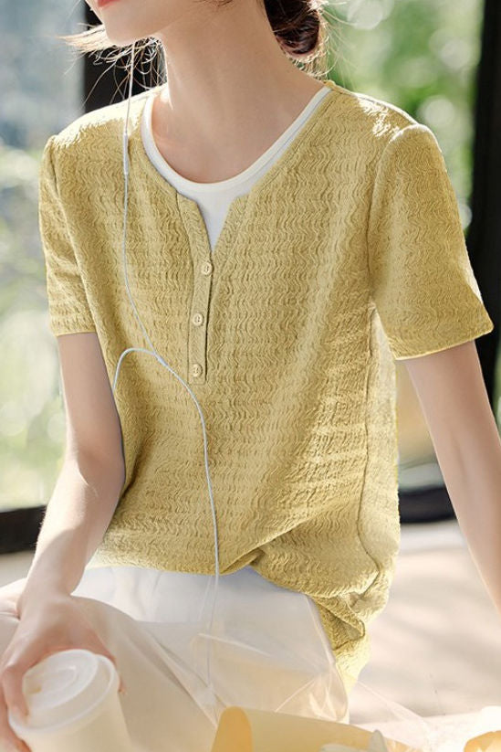 Faux Two-Piece Color-Block Pleated Short Sleeve - liwisi