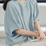 Solid Color Textured Drop Shoulder Bat Sleeve Shirt