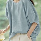 Solid Color Textured Drop Shoulder Bat Sleeve Shirt