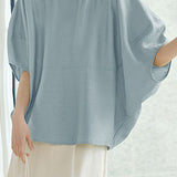 Solid Color Textured Drop Shoulder Bat Sleeve Shirt