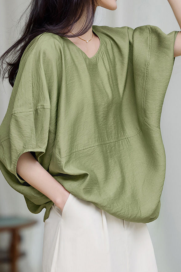 Solid Color Textured Drop Shoulder Bat Sleeve Shirt - liwisi