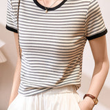 Color Block Round Neck Simple Versatile Top