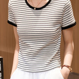 Color Block Round Neck Simple Versatile Top
