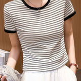 Color Block Round Neck Simple Versatile Top