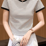 Color Block Round Neck Simple Versatile Top