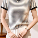Color Block Round Neck Simple Versatile Top
