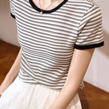 Color Block Round Neck Simple Versatile Top