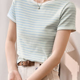 Color Block Round Neck Simple Versatile Top