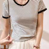 Color Block Round Neck Simple Versatile Top