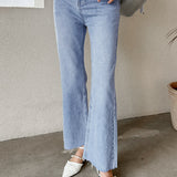 Pearl Decor Pocket Straight Cut Frayed Denim Pants