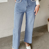 Pearl Decor Pocket Straight Cut Frayed Denim Pants