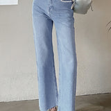 Pearl Decor Pocket Straight Cut Frayed Denim Pants