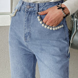 Pearl Decor Pocket Straight Cut Frayed Denim Pants