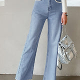 Pearl Decor Pocket Straight Cut Frayed Denim Pants