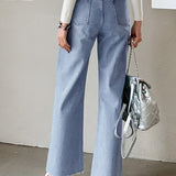 Pearl Decor Pocket Straight Cut Frayed Denim Pants