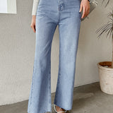 Pearl Decor Pocket Straight Cut Frayed Denim Pants