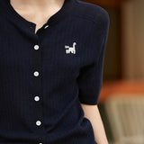 Round Neck Knitted Cat Embroidery Short Sleeve