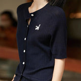 Round Neck Knitted Cat Embroidery Short Sleeve