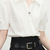 Collared Solid Color Pleated Shirt