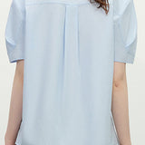 Collared Solid Color Pleated Shirt