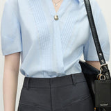 Collared Solid Color Pleated Shirt