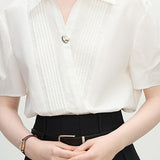 Collared Solid Color Pleated Shirt